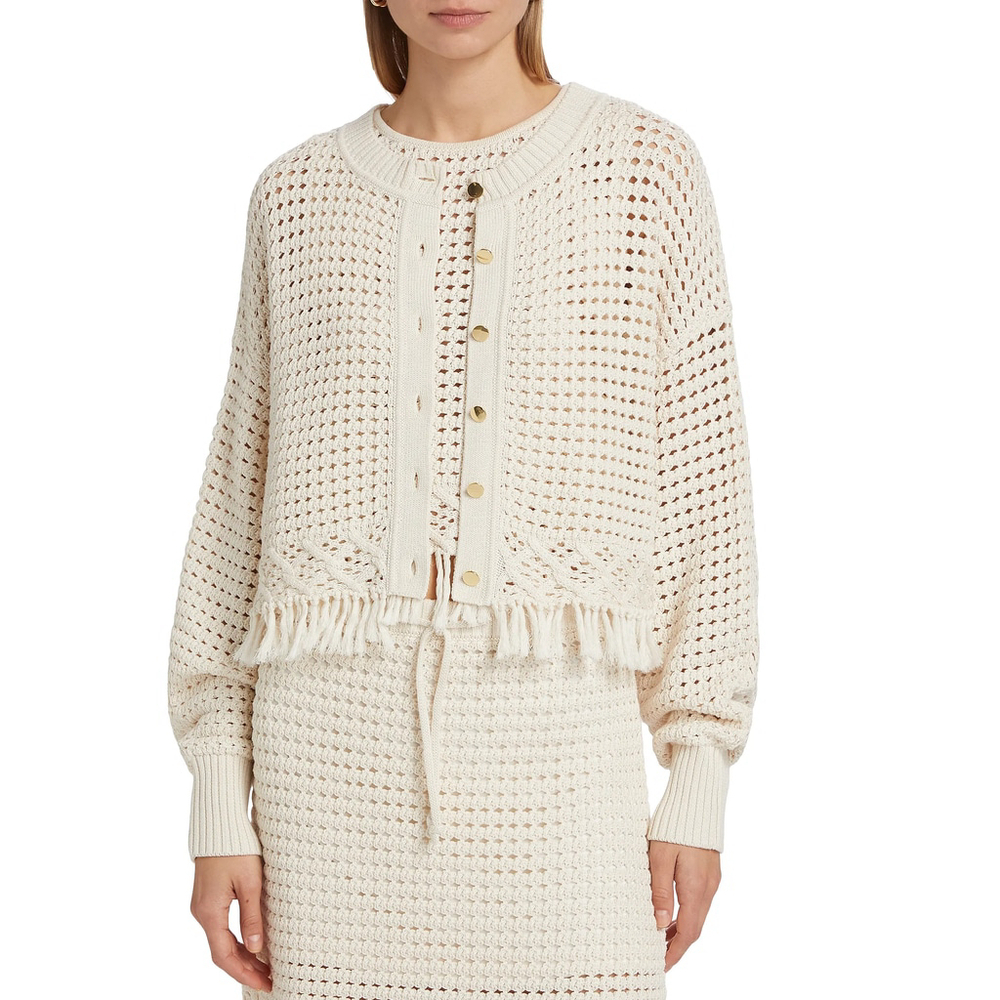 NWT Toccin Rachel Fringe Hem Cropped Cotton Women's Ivory Cardigan $395 Size XL